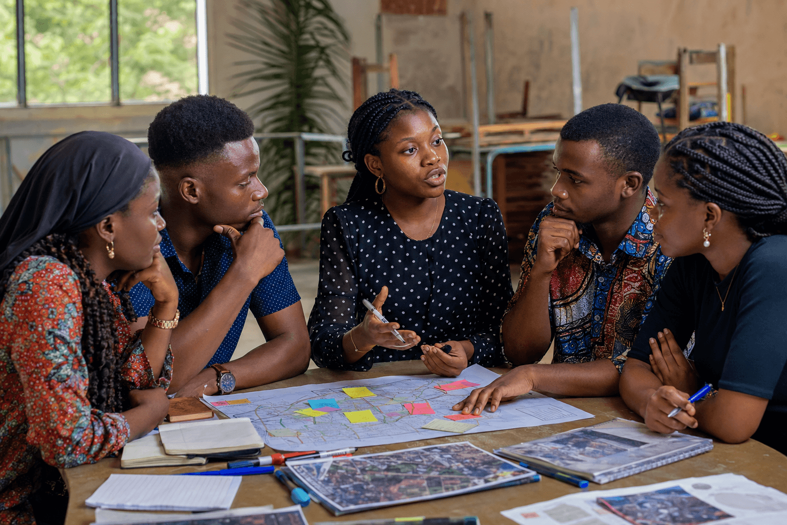 Young people discussing community challenges during a leadership workshop