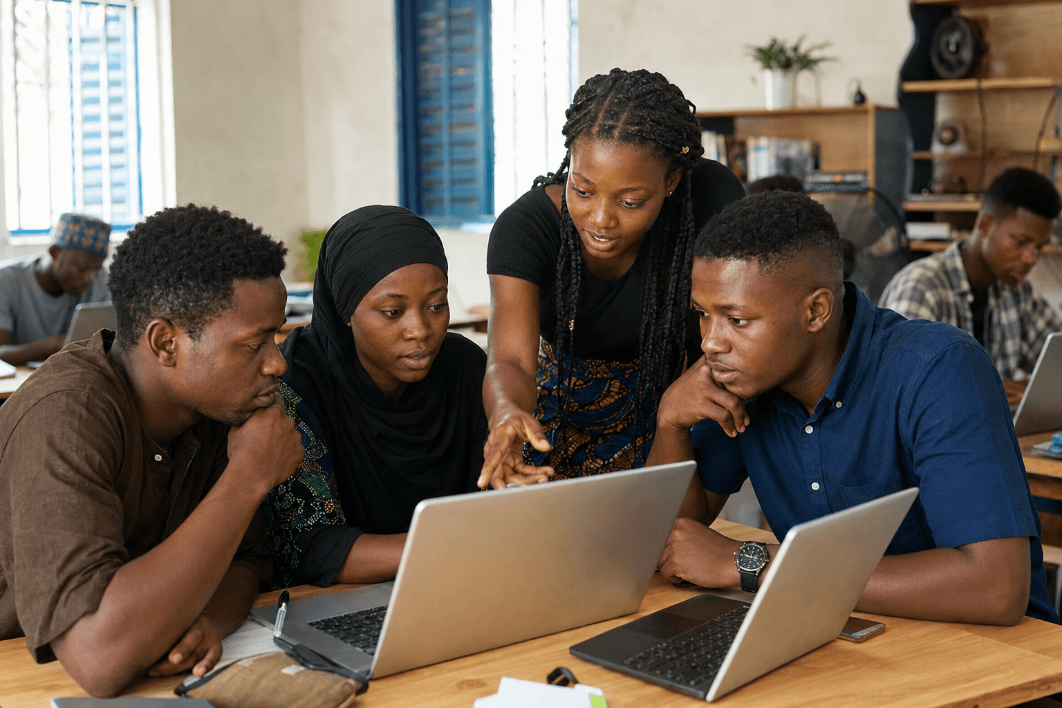 Young African learners collaborating during a practical digital skills session