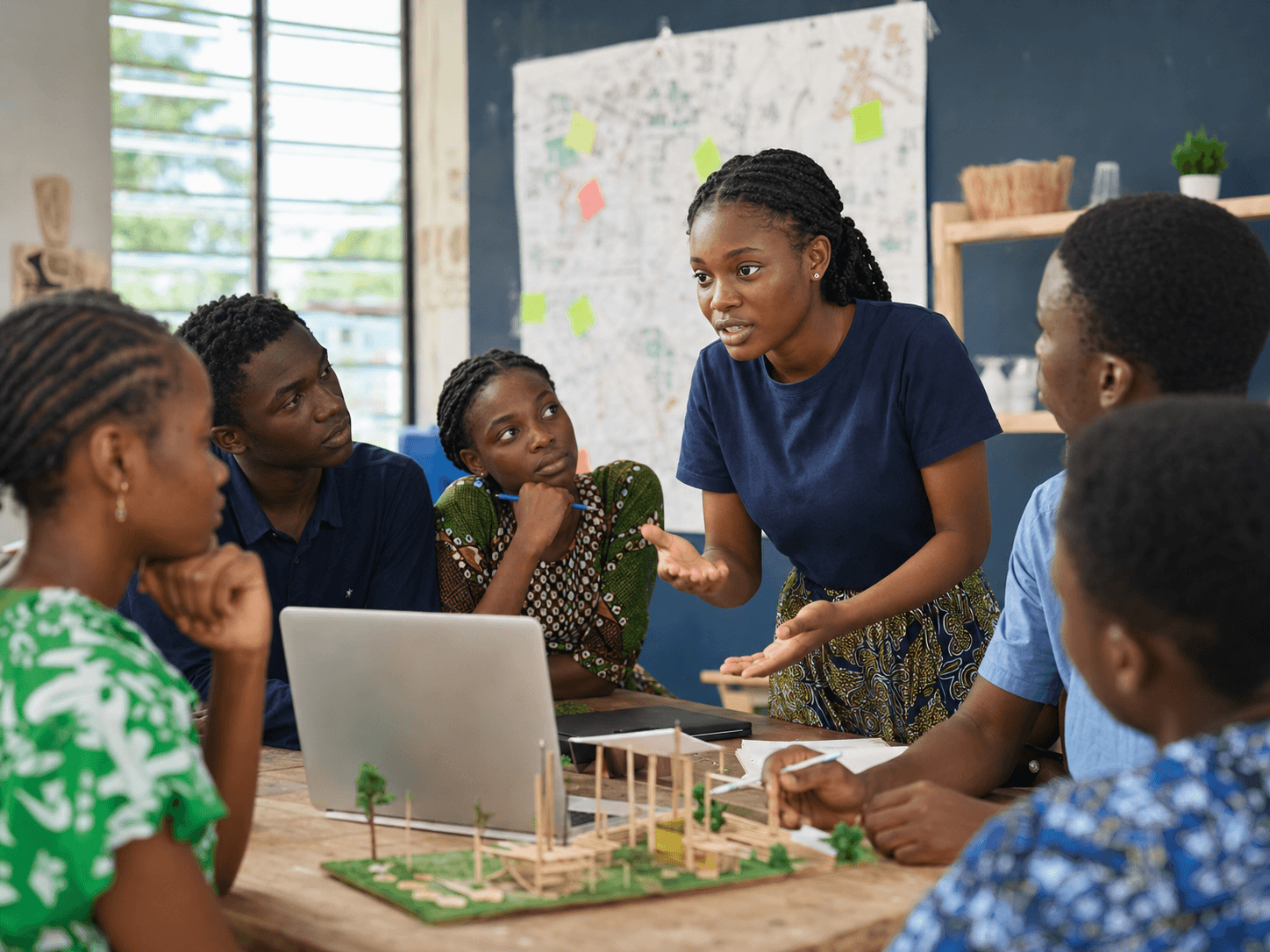 A young Nigerian woman leading participants during a collaborative community innovation project